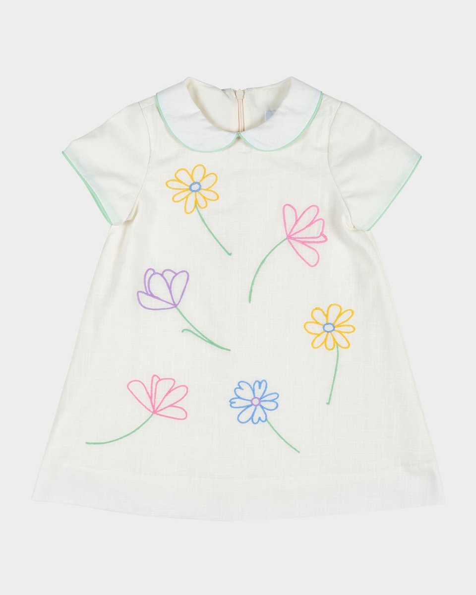 Girl's Linen Dress W/ Embroidered Flowers, Size 2-6